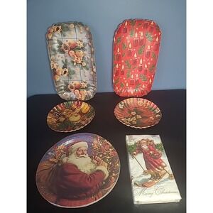 Christmas Holiday Santa Plates Trays Napkins Lot Vintage West Germany & USA